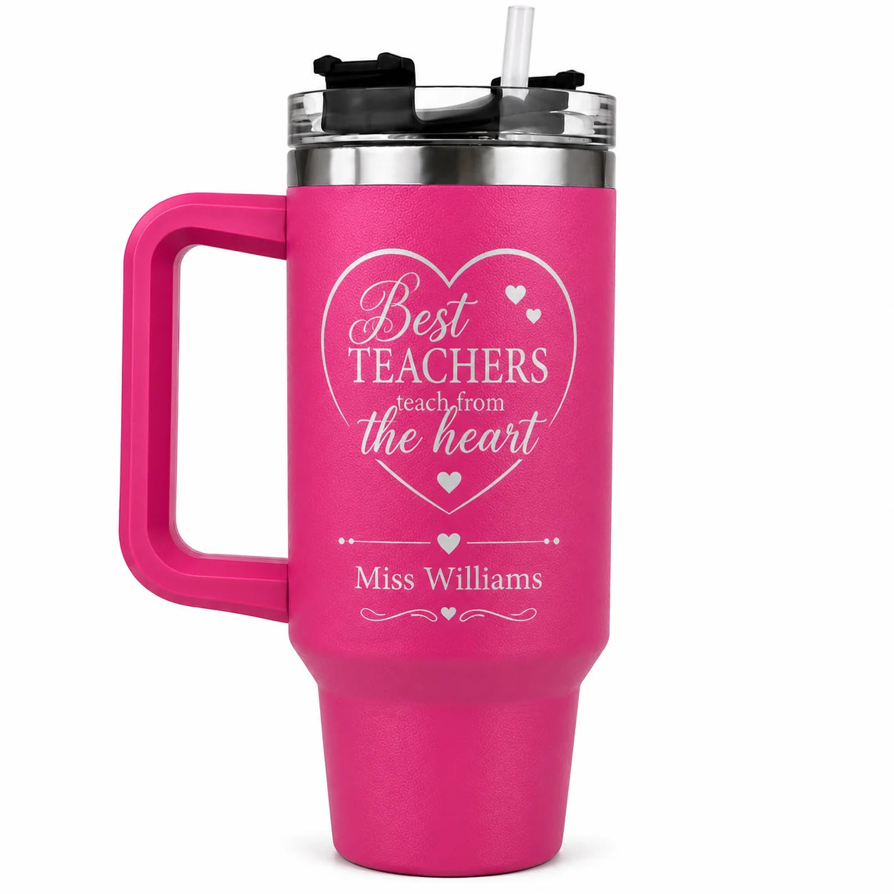Best teachers teach from the heart personalised pink insulated tumbler with custom name, appreciation gift for teacher.

