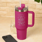Personalised rose gold teacher tumbler engraved with It Takes a Big Heart to Shape Little Minds and teacher name, thoughtful thank you gift.