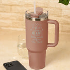 Personalised pink insulated teacher tumbler with engraved It Takes a Big Heart to Shape Little Minds design and teacher name.
