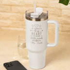 Personalised white insulated teacher tumbler with engraved It Takes a Big Heart to Shape Little Minds design and custom teacher name.