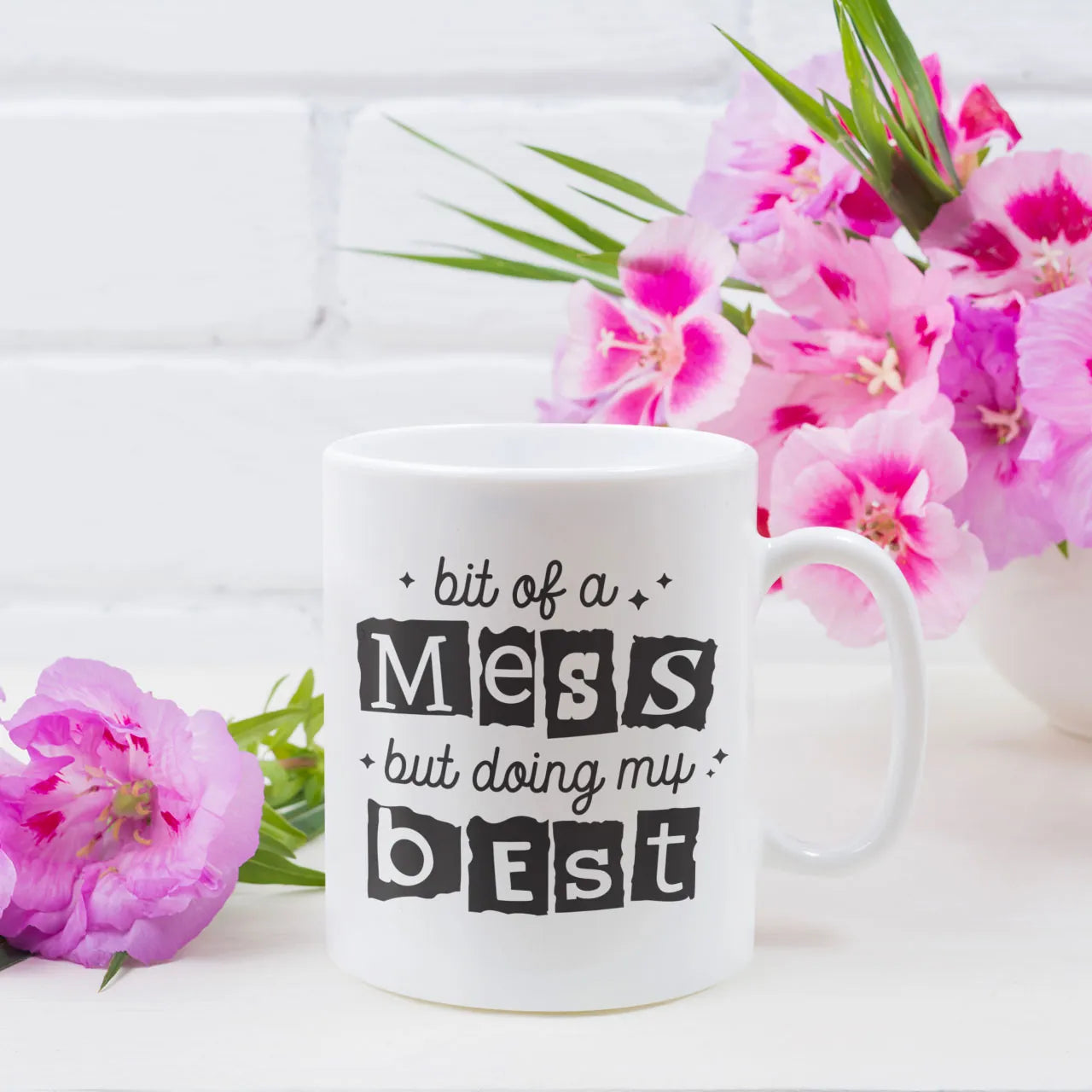 Funny personalised Bit Of A Mess black and white mug with custom photo and message printed on reverse