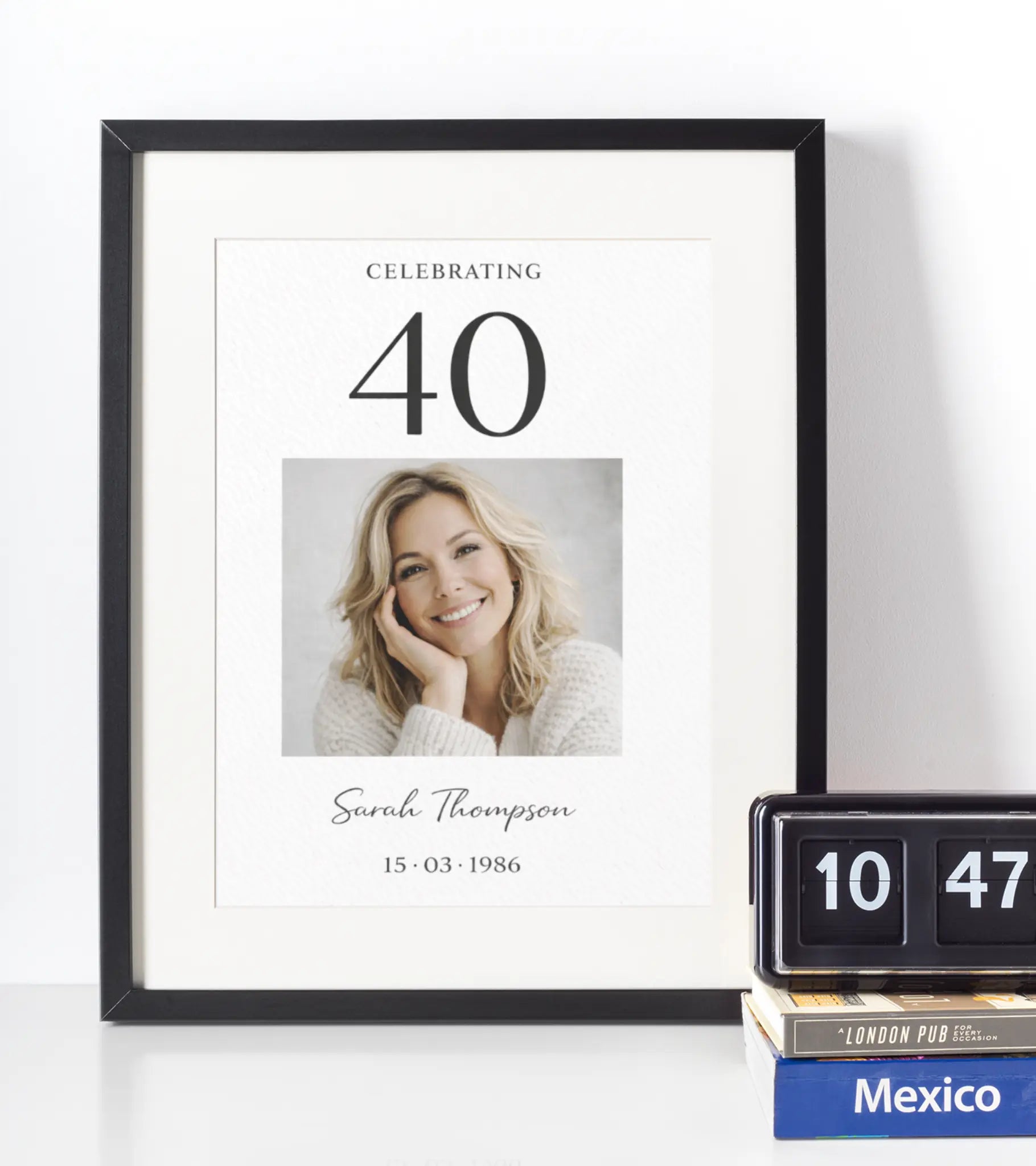 Personalised 40th birthday milestone timeline wall art print with photo, custom name and life events – elegant framed birthday gift for her UK
