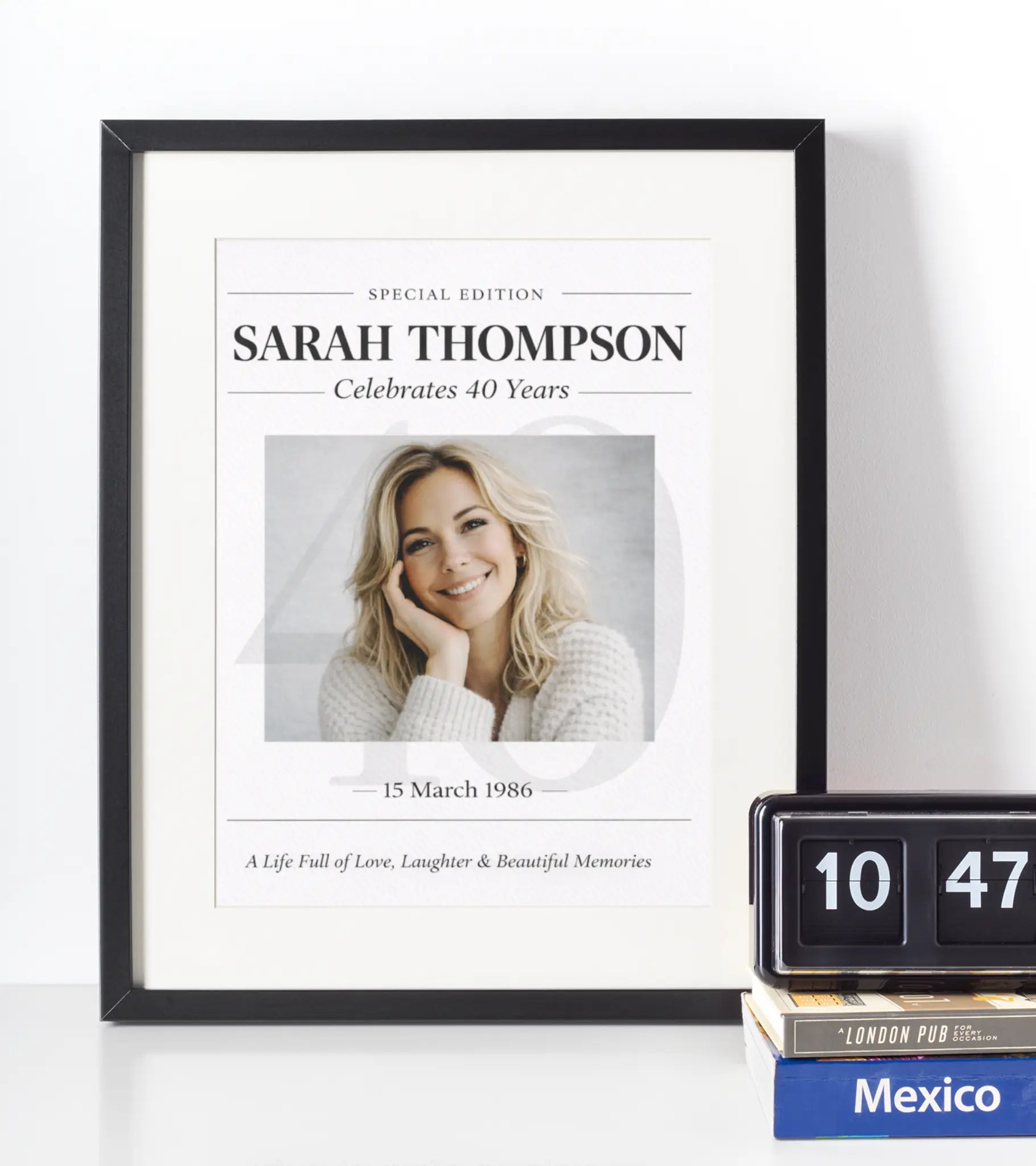 Personalised 40th birthday special edition photo print with name and date – modern framed milestone gift idea for women UK