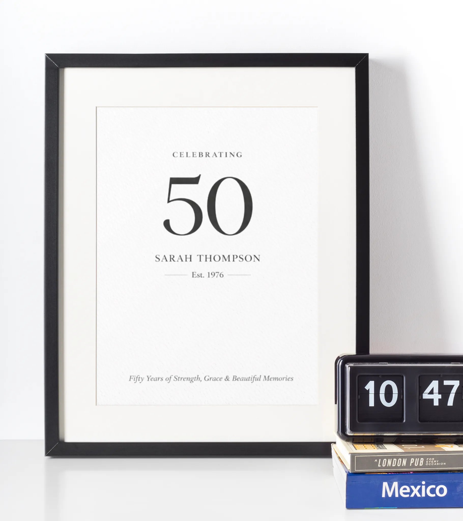 Classic personalised 50th birthday framed print with custom name and established year – timeless milestone gift for her UK