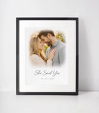 Personalised black frame engagement photo print gift with She Said Yes proposal wall art UK