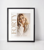 Personalised 40th birthday cinematic story poster wall art with sunset background and custom name, black framed milestone gift UK