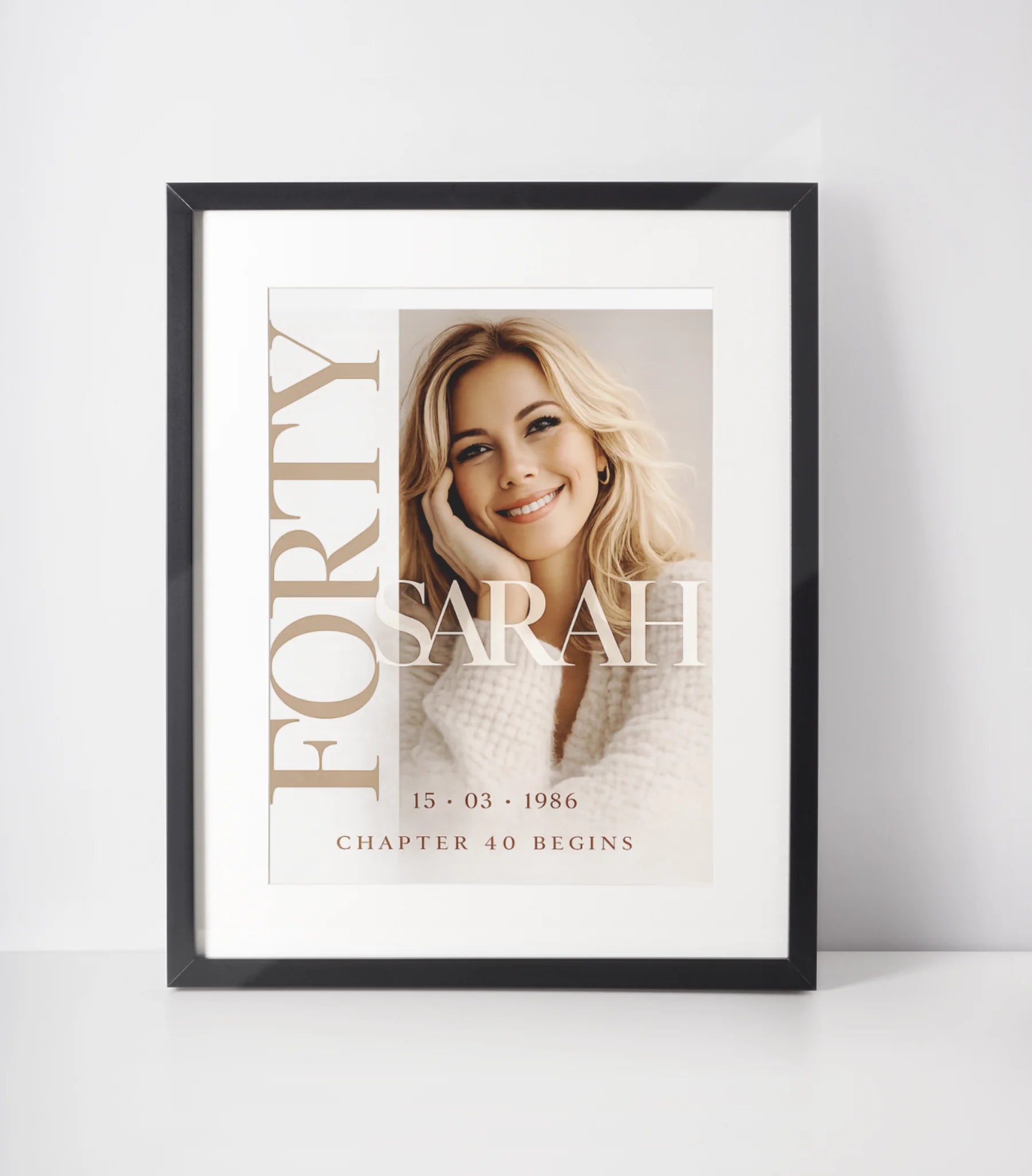 Personalised 40th birthday cinematic story poster wall art with sunset background and custom name, black framed milestone gift UK