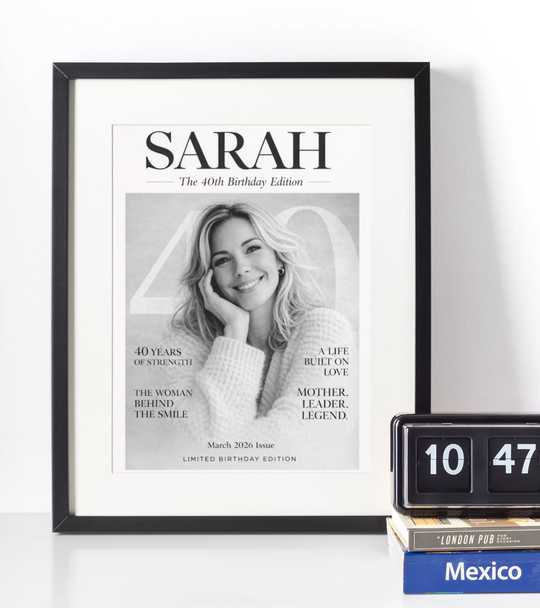 Personalised 30th birthday childhood to present split photo wall art print, black framed custom milestone gift for women UK