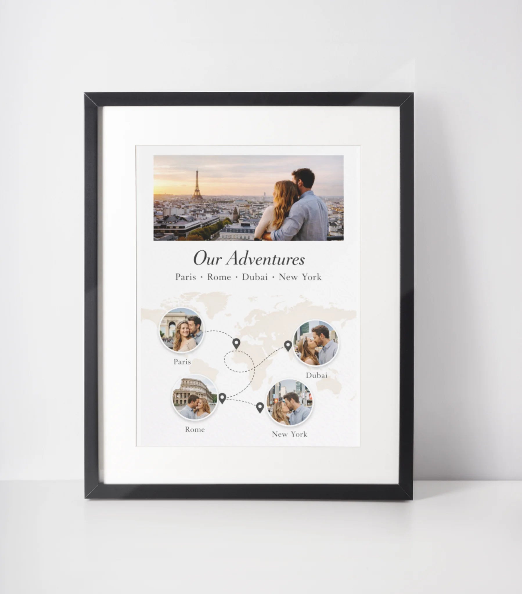 Personalised black frame travel memories photo print gift with Paris Rome Dubai New York map design