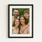 Personalised white photo frame gift featuring a happy family portrait, modern wall art decor.