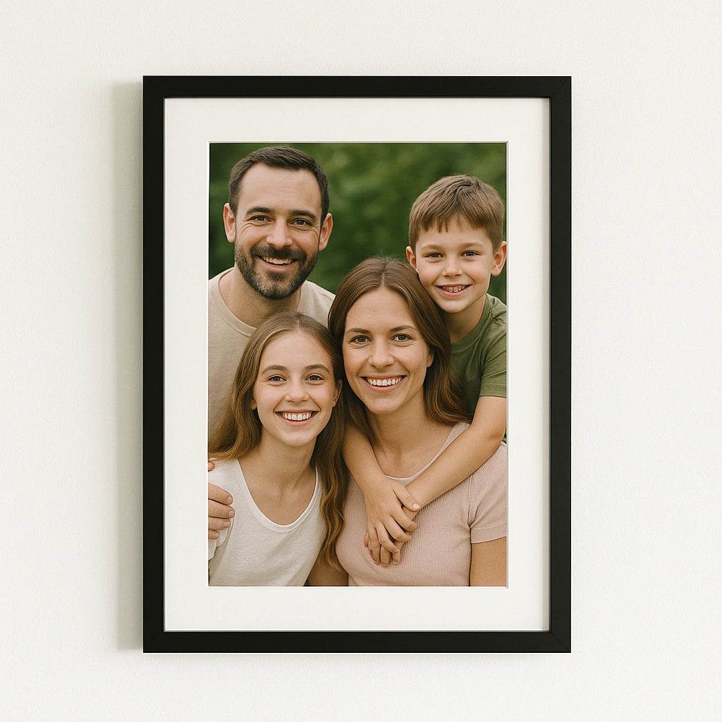 Personalised white photo frame gift featuring a happy family portrait, modern wall art decor.