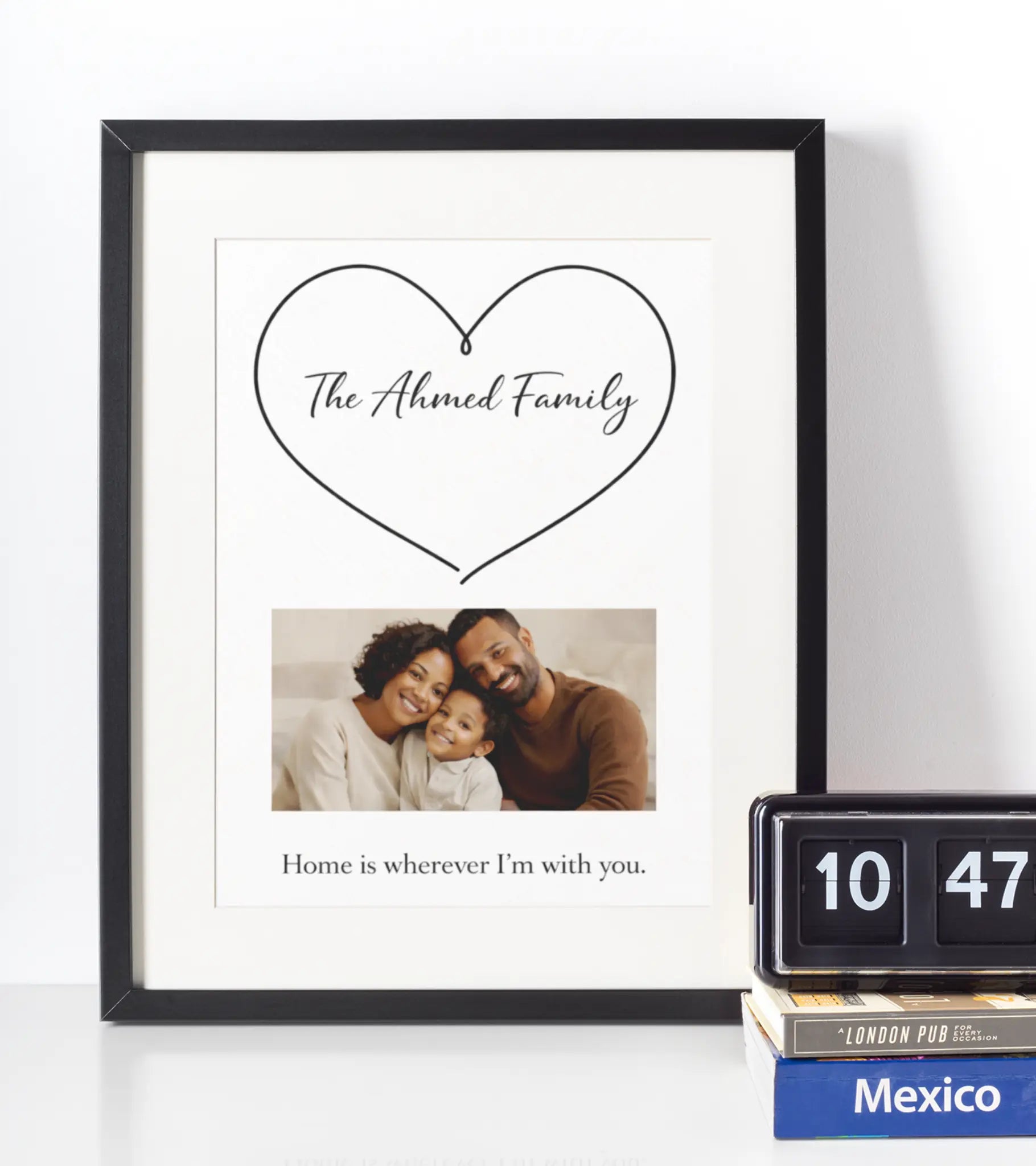 Personalised family name wall art print in black frame mockup, elegant custom home décor gift with photo and established date – modern UK housewarming present idea