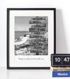 Personalised home sweet home family wall art print in black frame mockup, modern minimalist housewarming gift idea for UK homes – custom name and photo wall décor