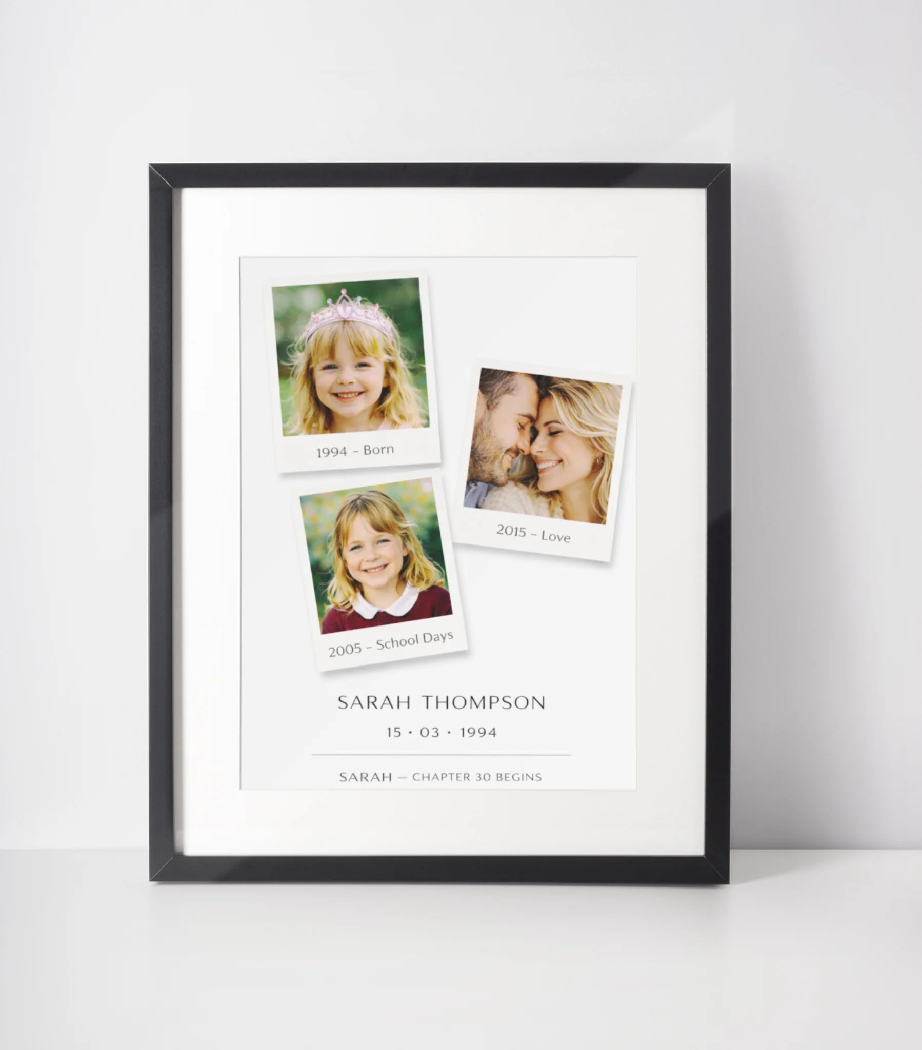 Personalised 30th birthday photo frame with custom name and milestone photos, black framed wall art gift UK
