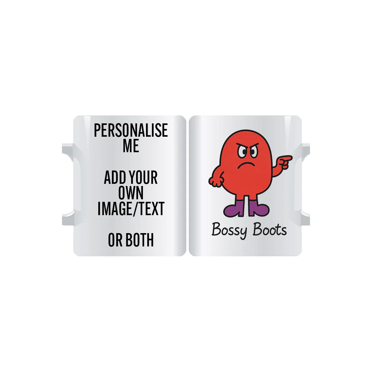 Bossy Boots personalised mug with bold red character design, customisable with name or text, fun ceramic gift for strong personalities