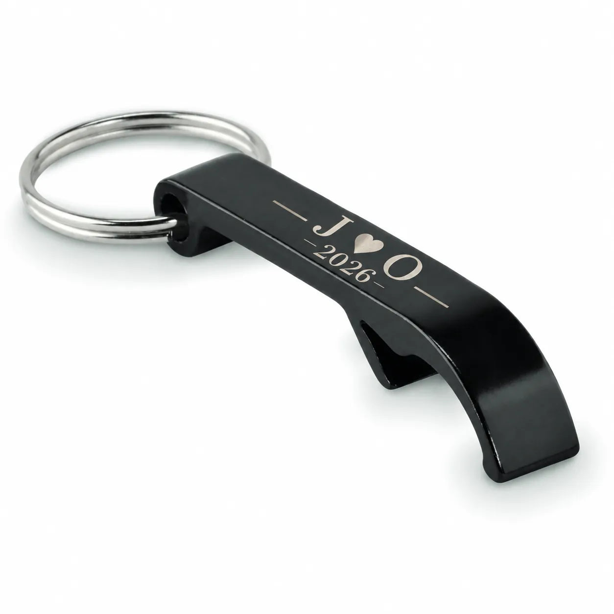 Personalised couples black bottle opener keyring with initials and date