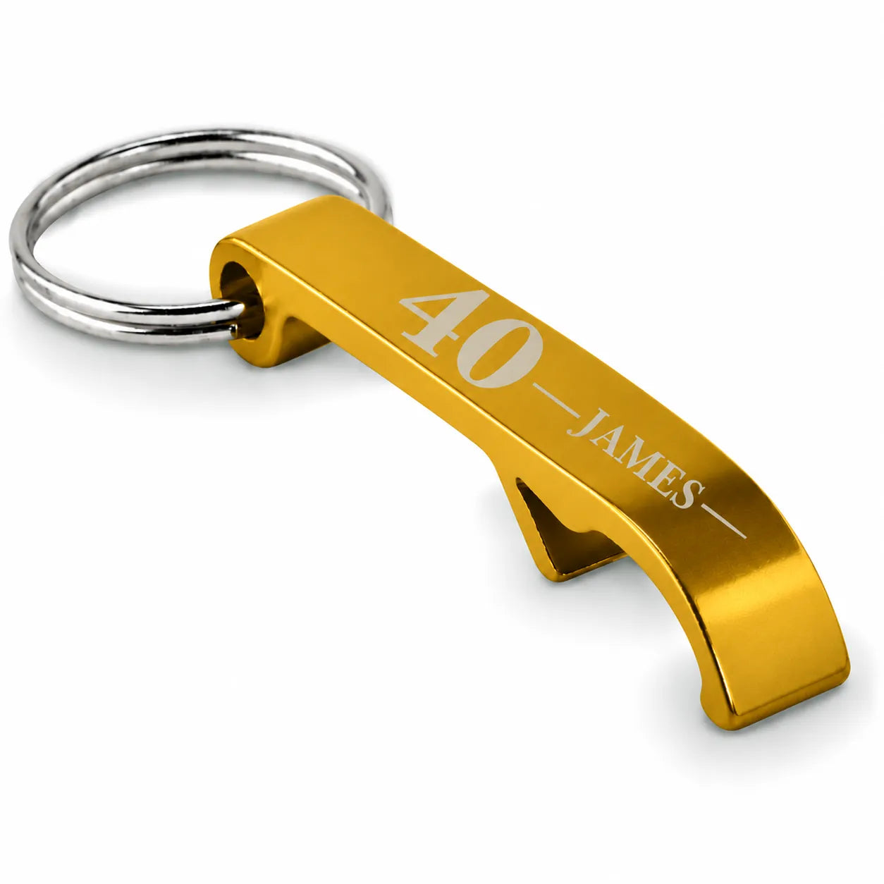 Personalised gold bottle opener keyring with custom age and name