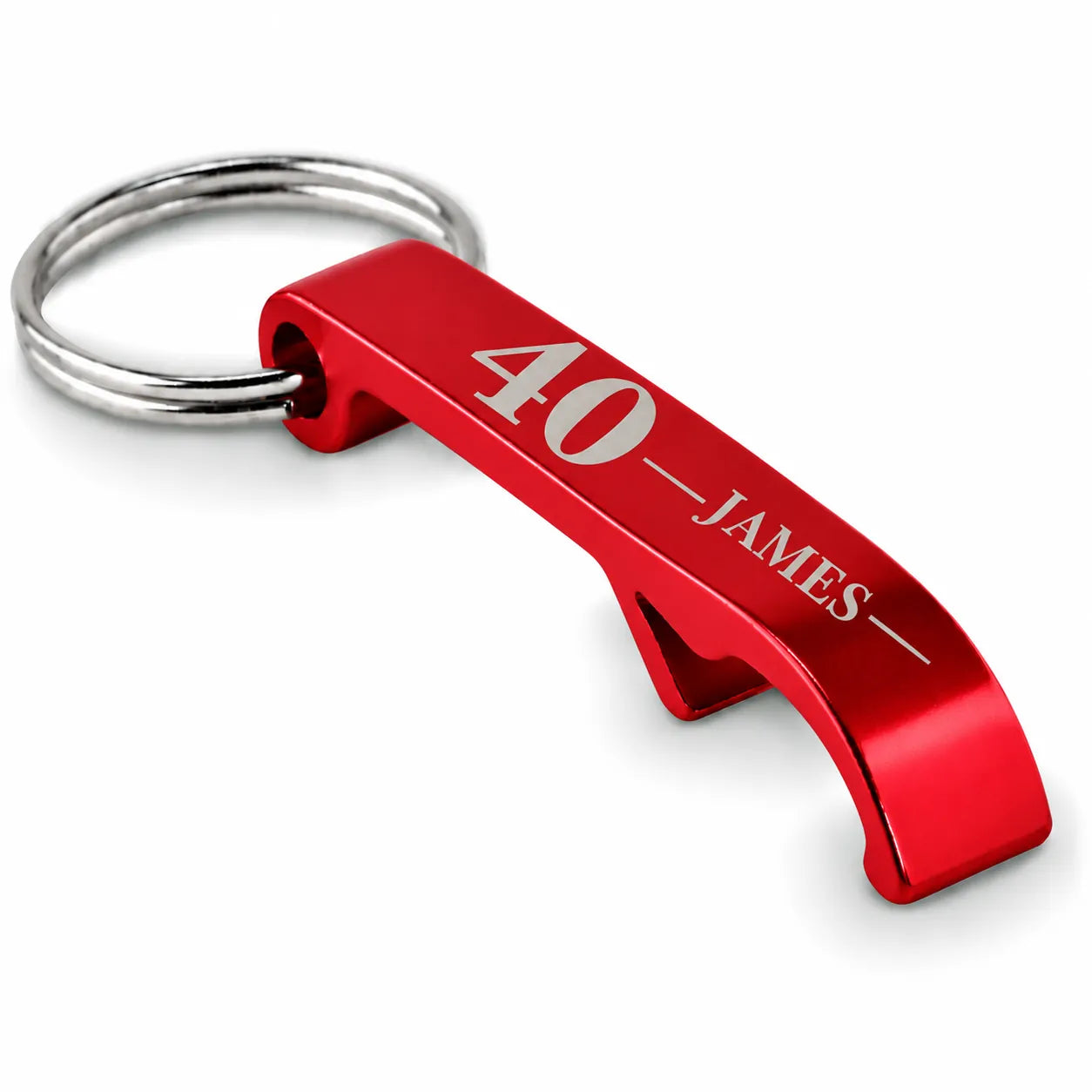 Personalised red bottle opener keyring with custom age and name