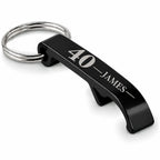 Personalised black bottle opener keyring with custom age and name