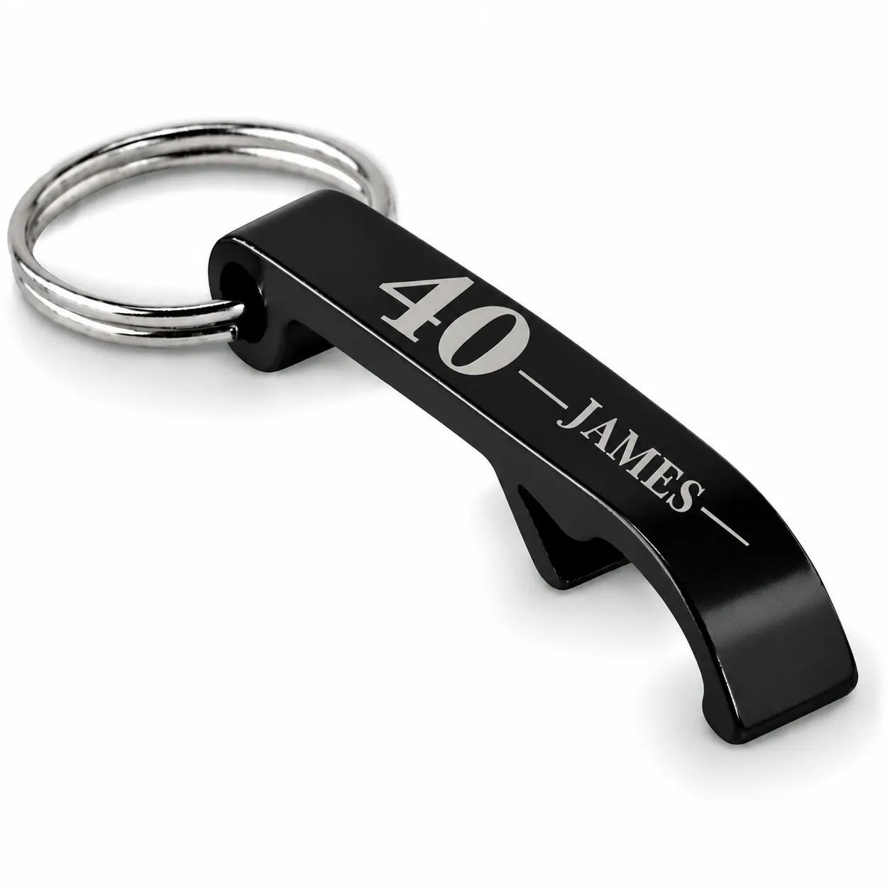 Personalised black bottle opener keyring with custom age and name