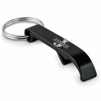 Personalised black bottle opener keyring engraved with initial and name
