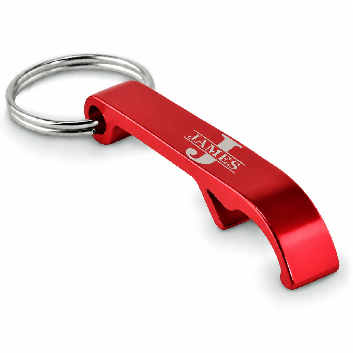 Personalised red bottle opener keyring engraved with initial and name