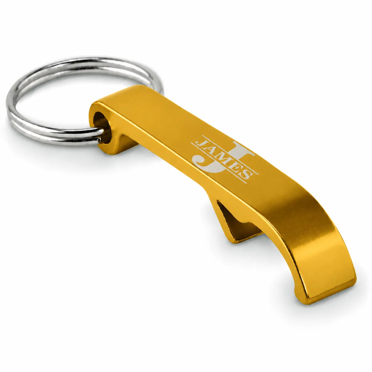 Personalised gold bottle opener keyring engraved with initial and name
