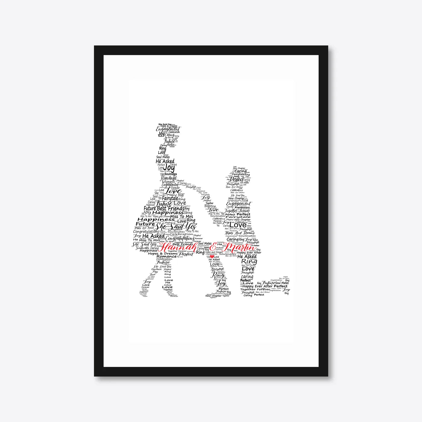 Personalised Bride & Groom Word Art – Wedding Names & Date – A3 – black frame