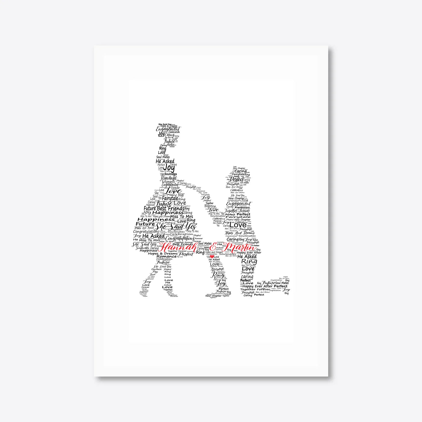 Personalised Bride & Groom Word Art – Wedding Names & Date – A3 – white frame