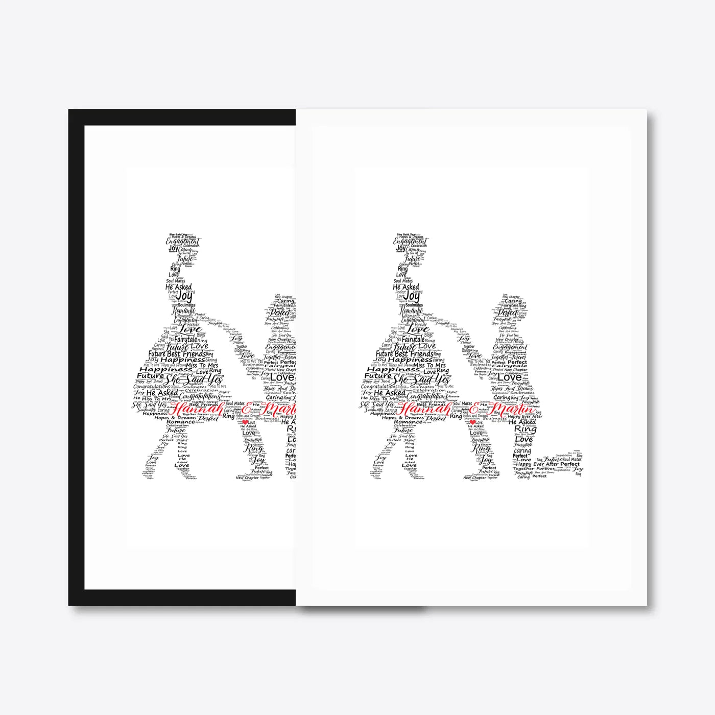 Personalised Bride & Groom Word Art – Wedding Names & Date – black & white frames side-by-side
