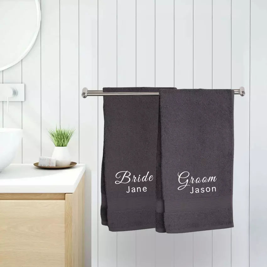personalised embroidered bride and groom towels with custom names
