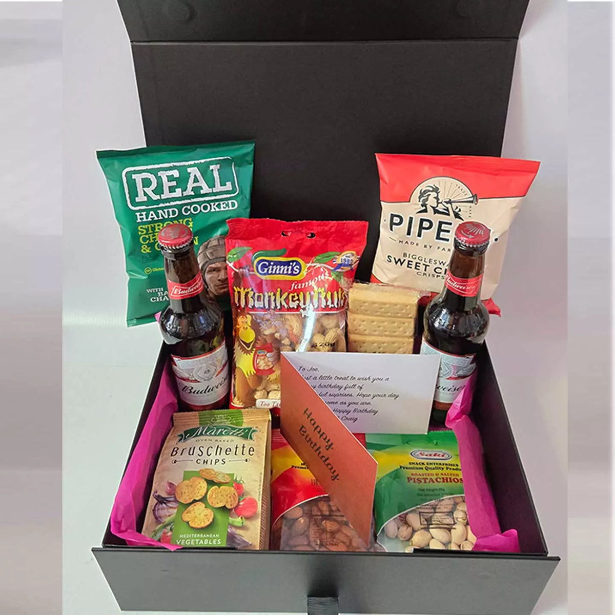 Budweiser beer gift hamper with crisps, nuts and savoury snacks