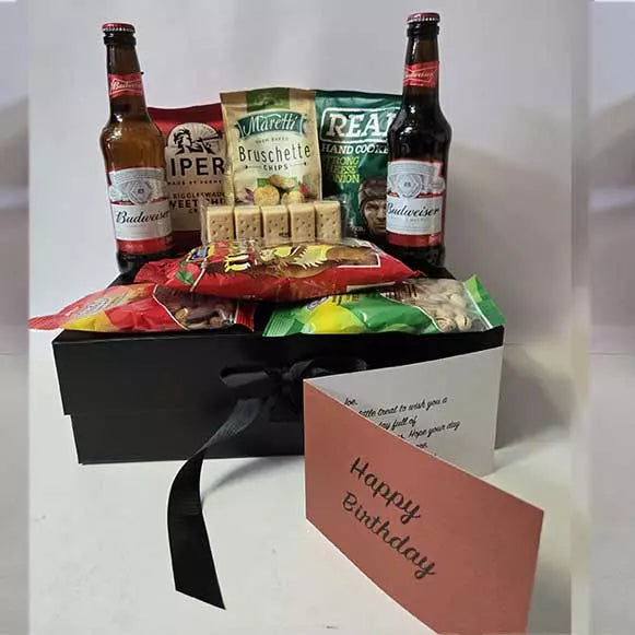 Budweiser beer and snacks hamper with personalised greeting card