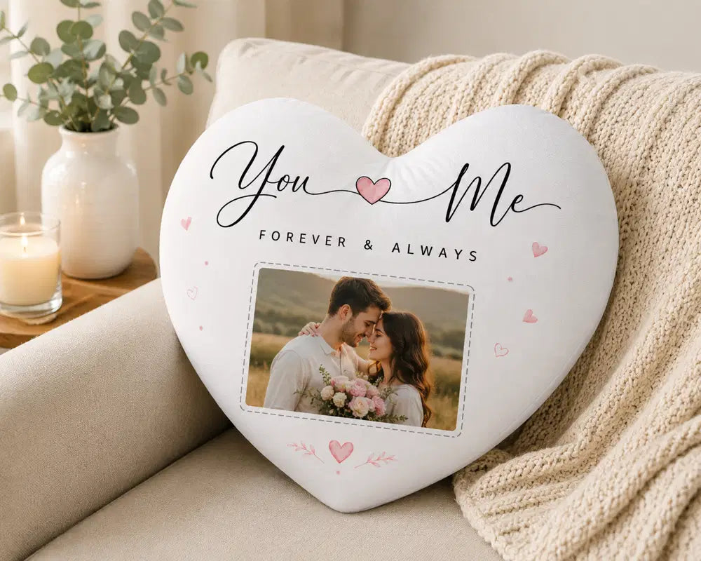 You and me forever and always personalised heart cushion with couple photo for anniversaries and Valentines Day
