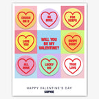 Candy Heart Grid Question – Be My Valentine Card – personalised Valentine card, custom romantic greeting or anniversary card; make your own unique card.
