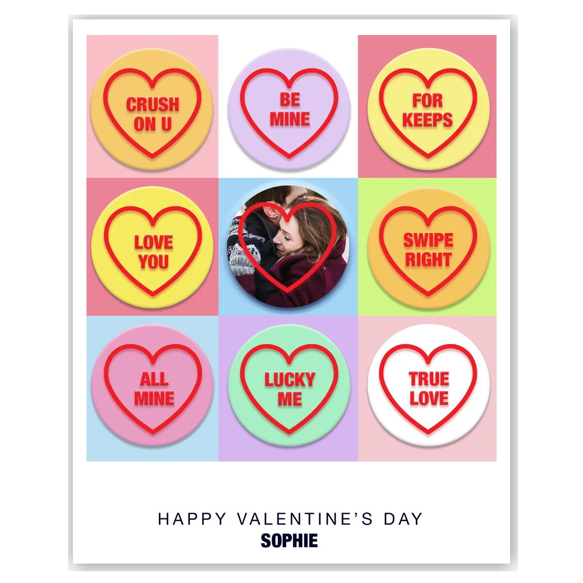 Candy Heart Grid with Photo – Personalised Card – personalised Valentine card, custom romantic greeting or anniversary card; make your own unique card.