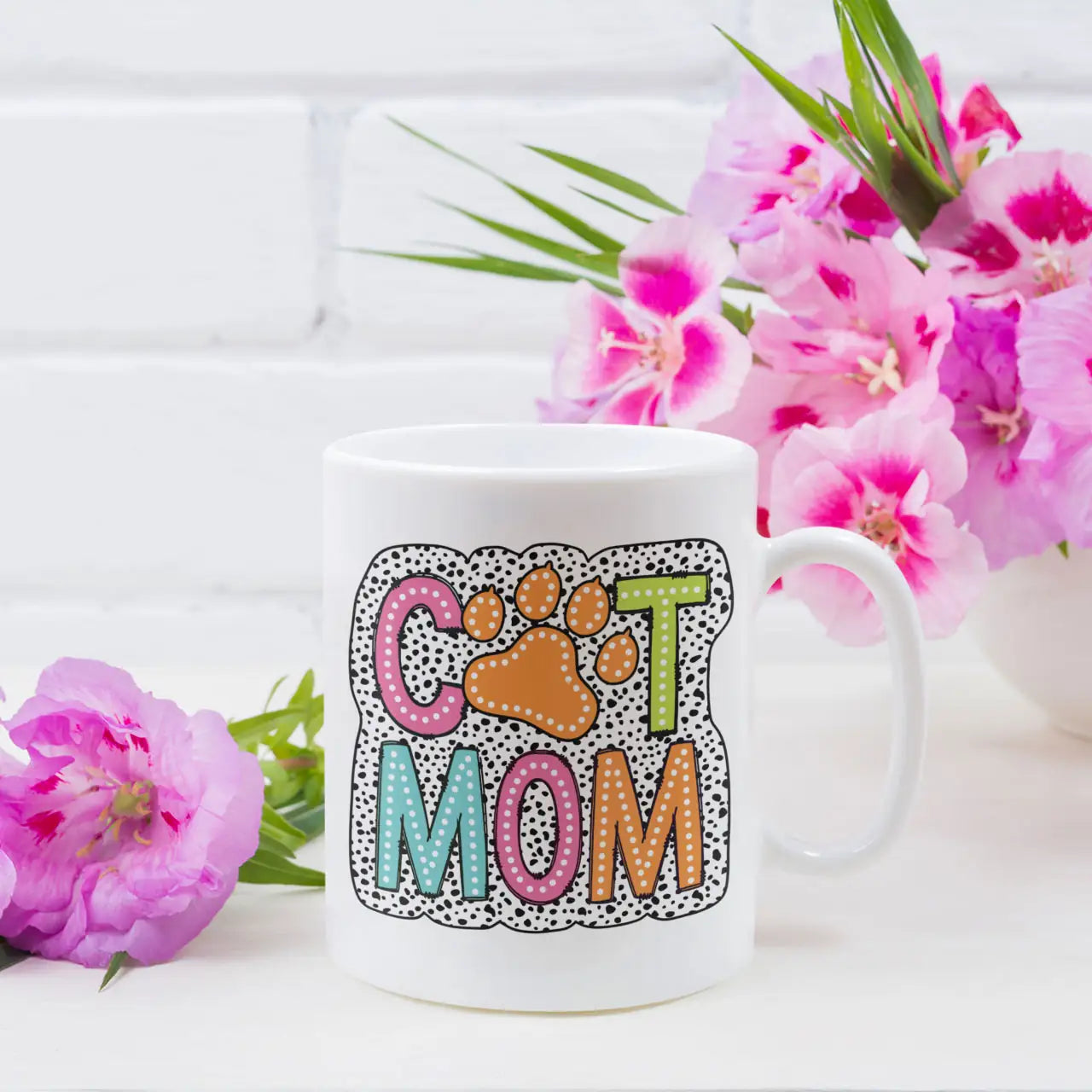 Personalised Cat Mom Dalmatian Pattern mug with custom photo and message printed on reverse side