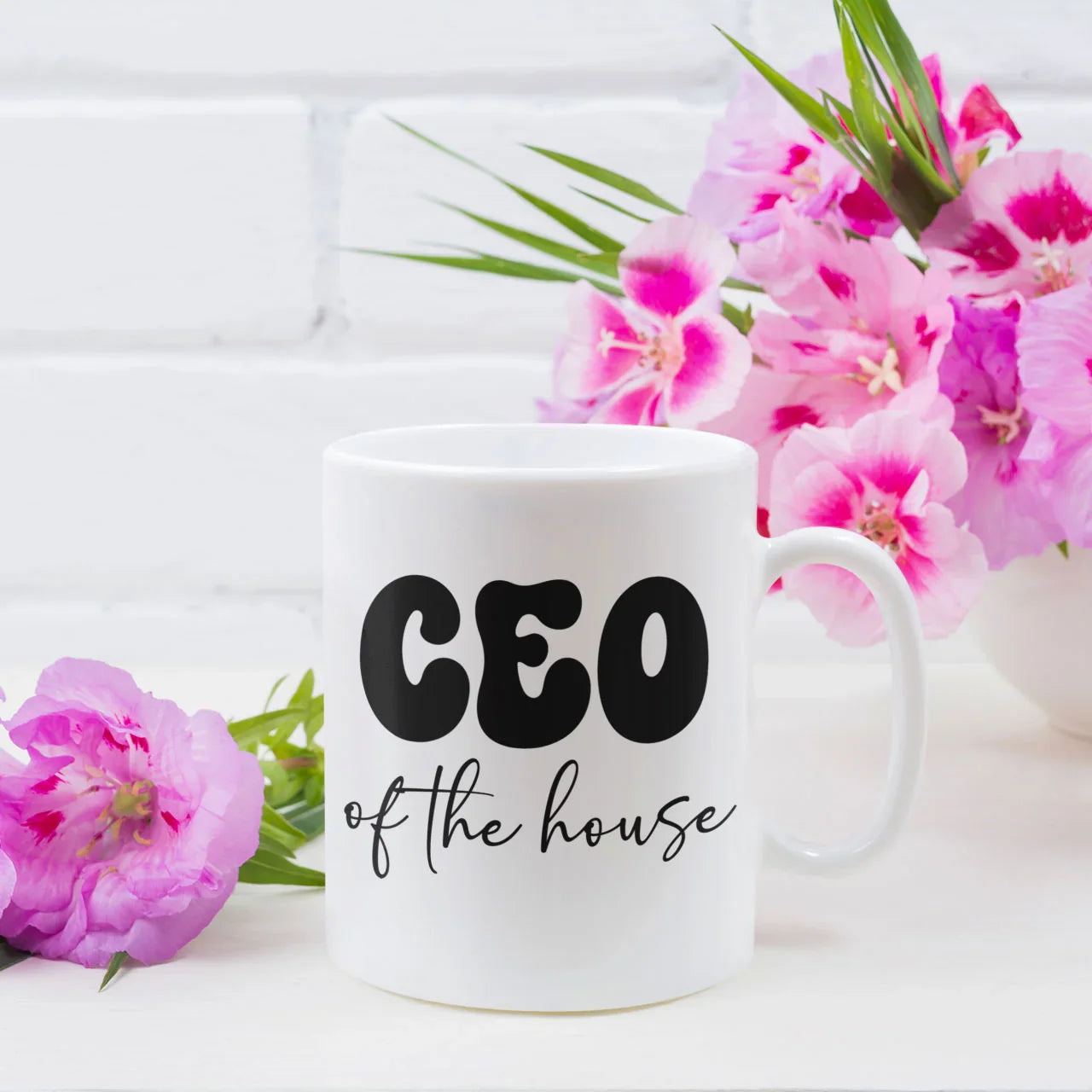 Funny personalised CEO Of The House Mum mug with custom photo and message printed on reverse