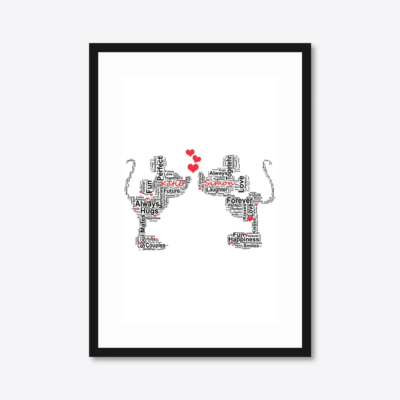 Personalised Champagne Glasses Engagement Word Art – Names & Date – A3 – black frame