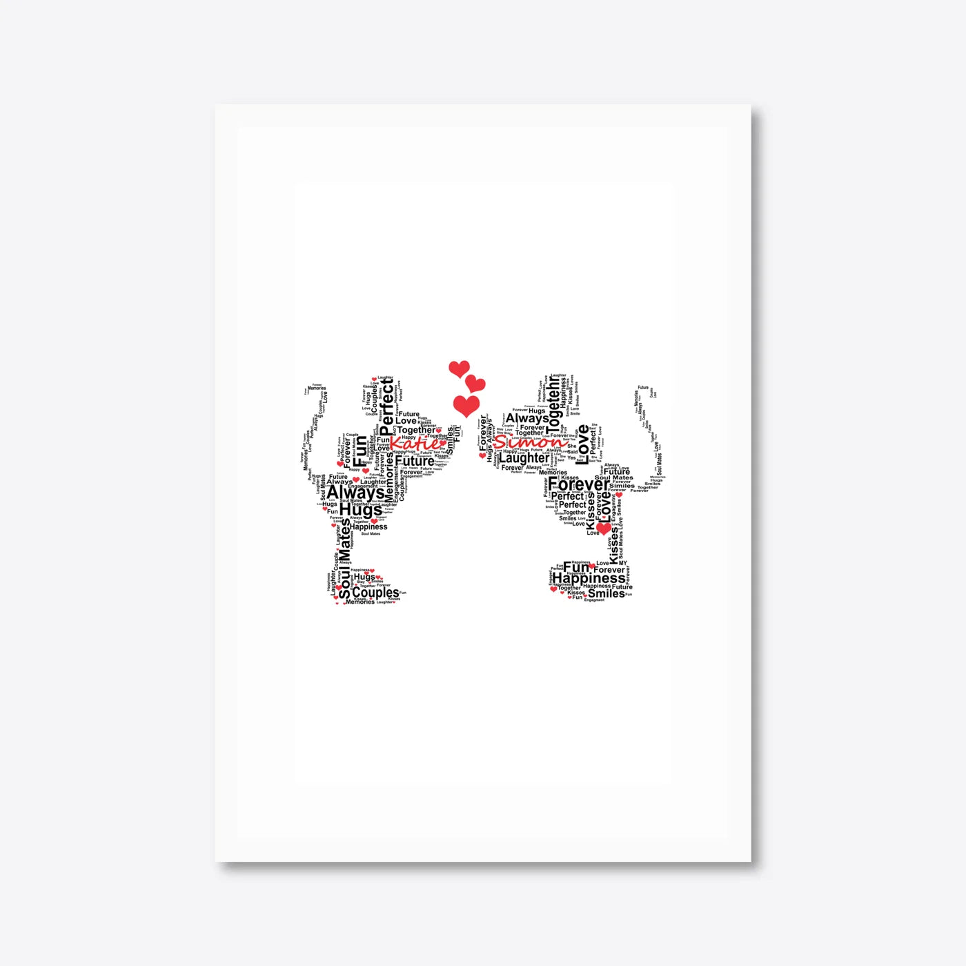 Personalised Champagne Glasses Engagement Word Art – Names & Date – A3 – white frame