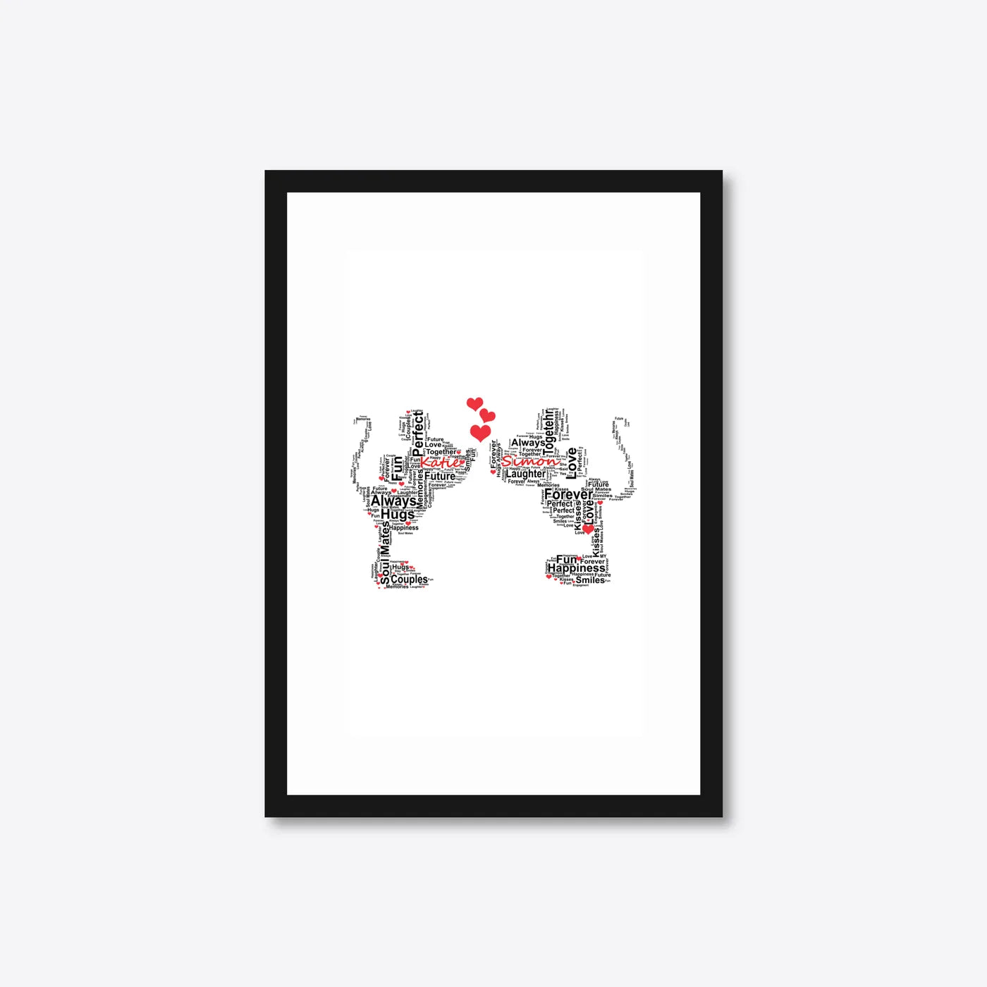 Personalised Champagne Glasses Engagement Word Art – Names & Date – A4 – black frame