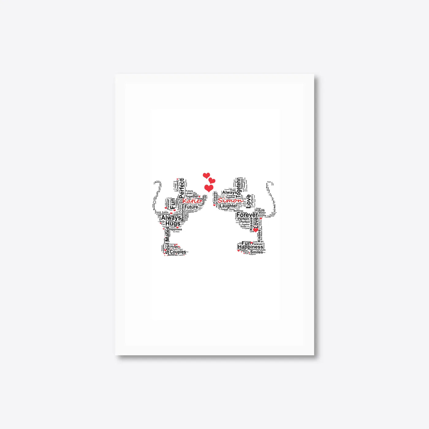 Personalised Champagne Glasses Engagement Word Art – Names & Date – A4 – white frame