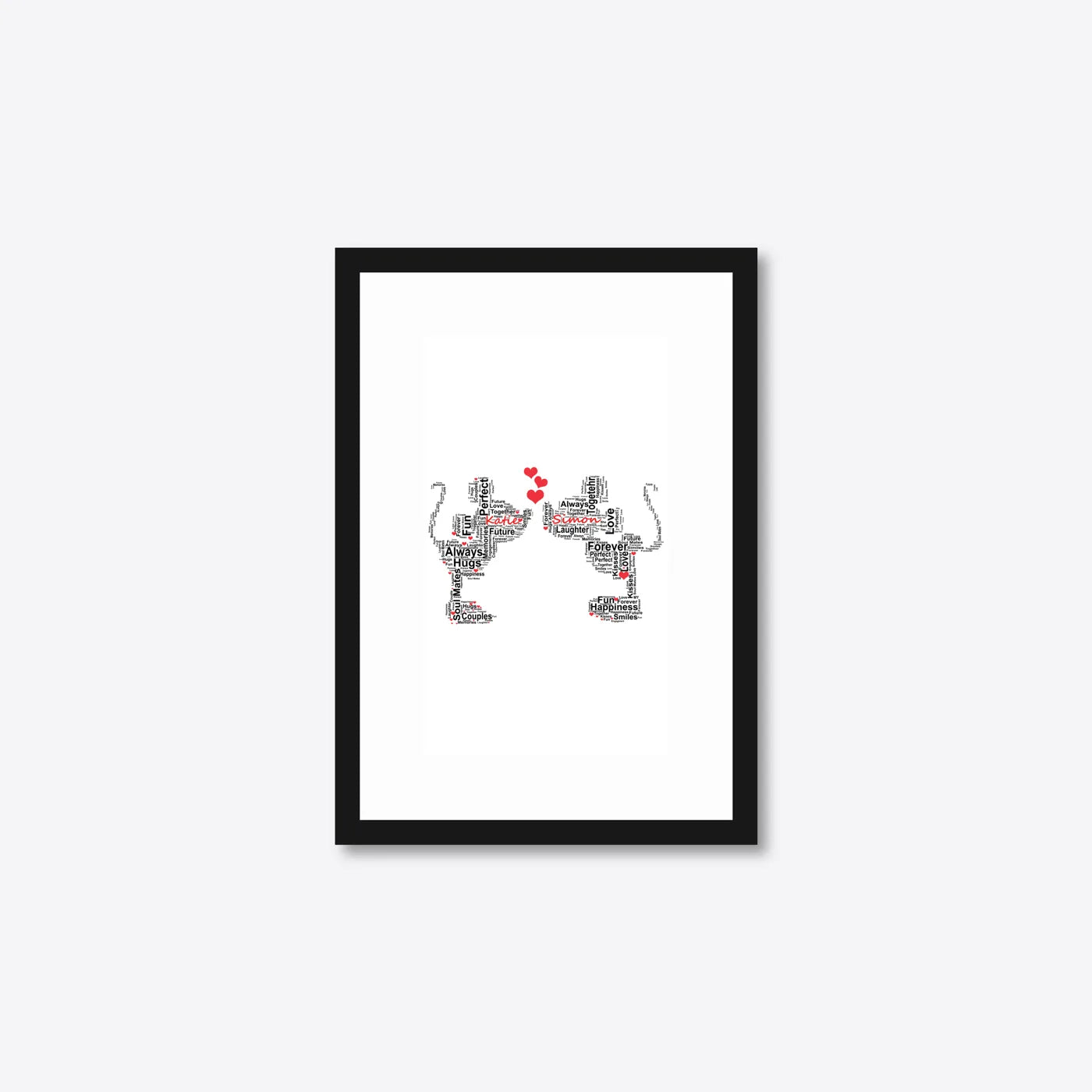 Personalised Champagne Glasses Engagement Word Art – Names & Date – A5 – black frame