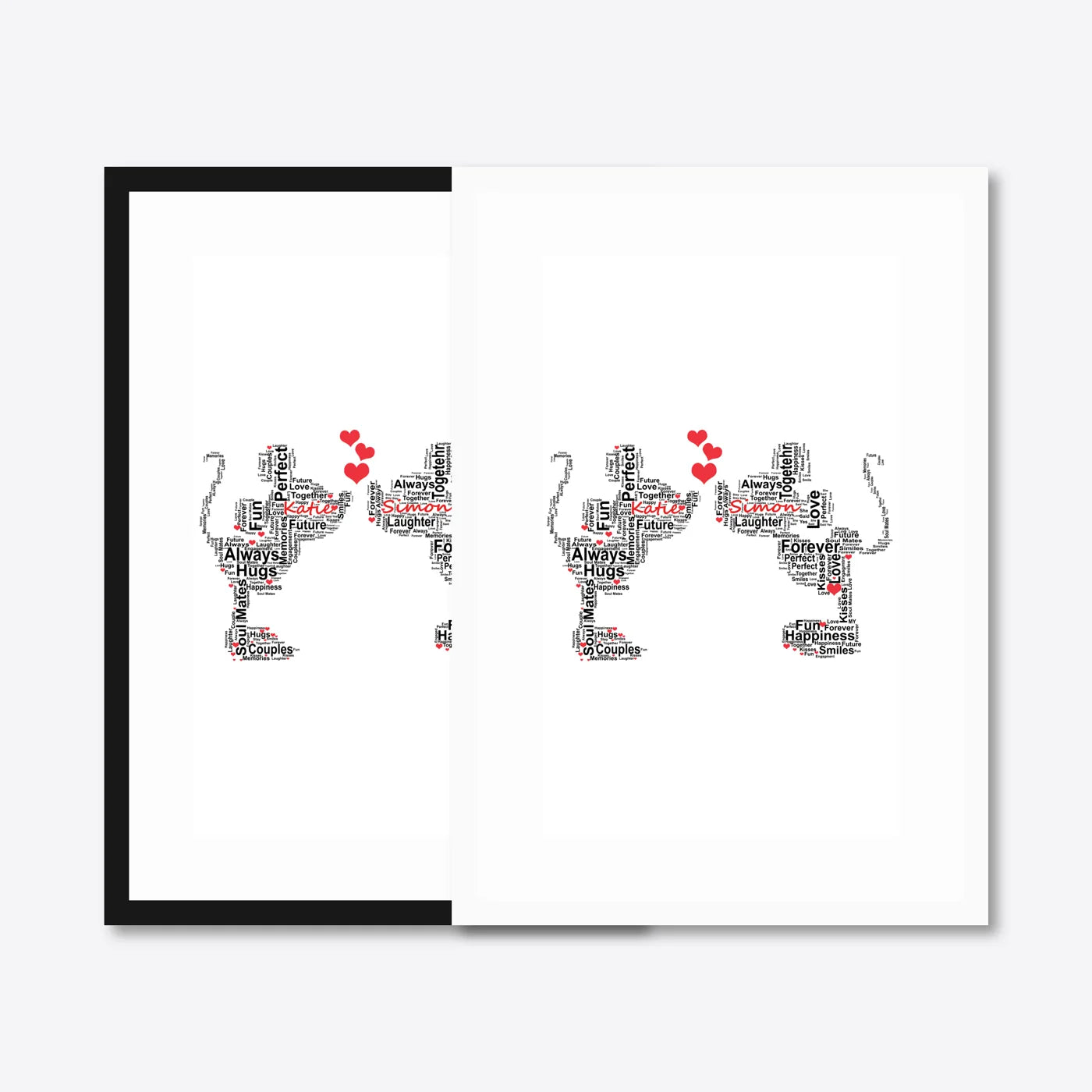 Personalised Champagne Glasses Engagement Word Art – Names & Date – black & white frames side-by-side