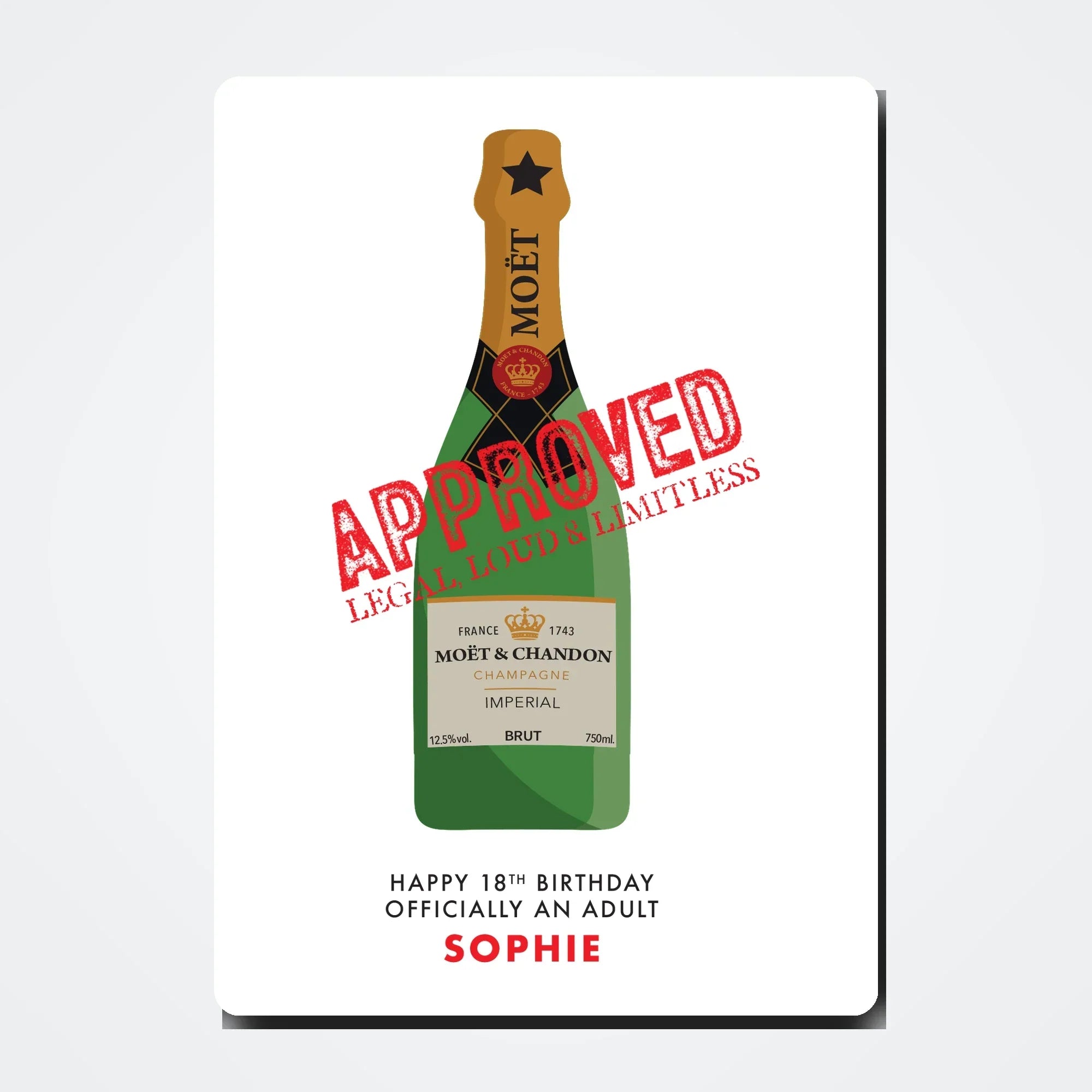 Personalised champagne birthday card mockup with light shadow grey tone