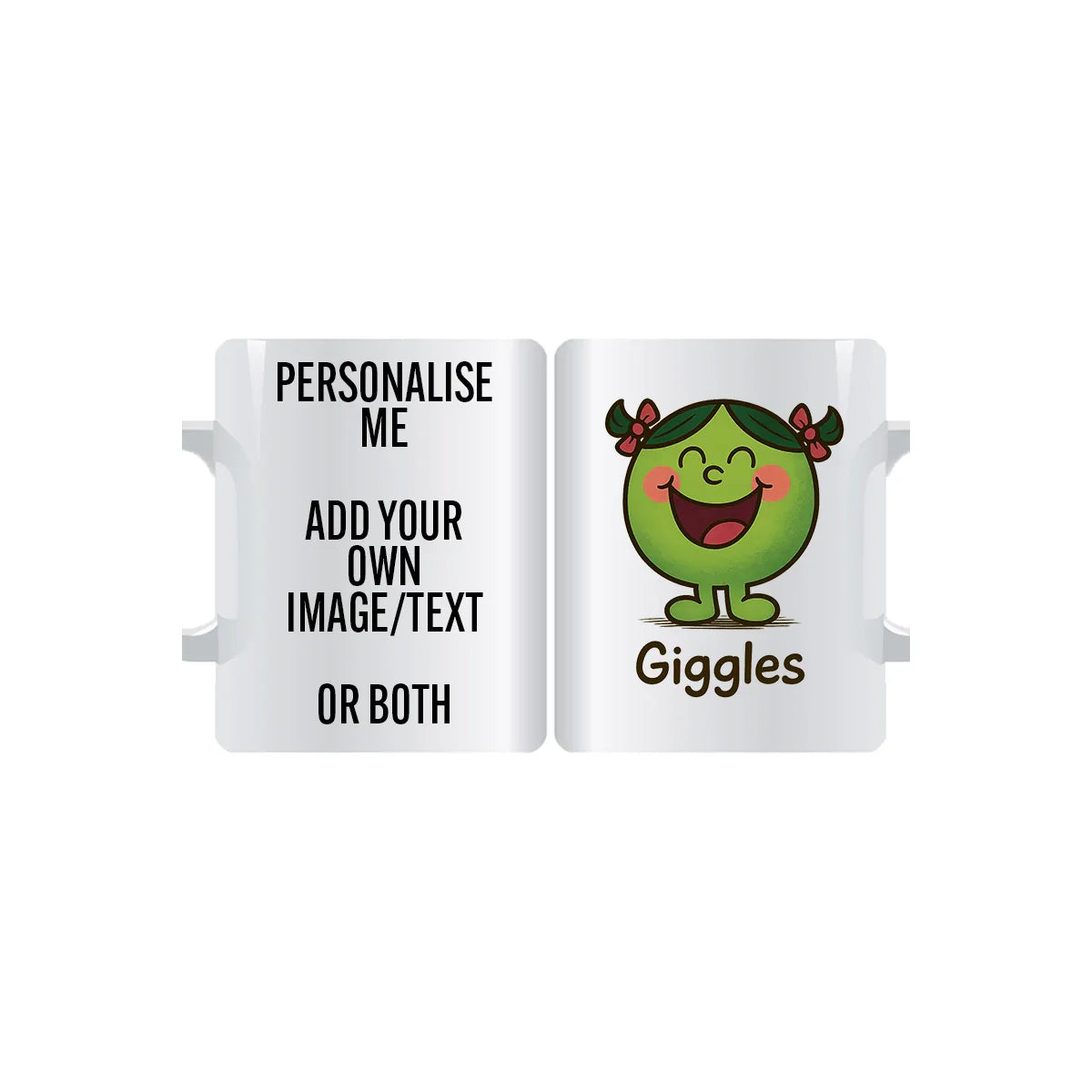 Cheeky Miss Giggles personalised green mug with playful character design, red bows, and wide smile – custom coffee cup gift full of fun and laughter