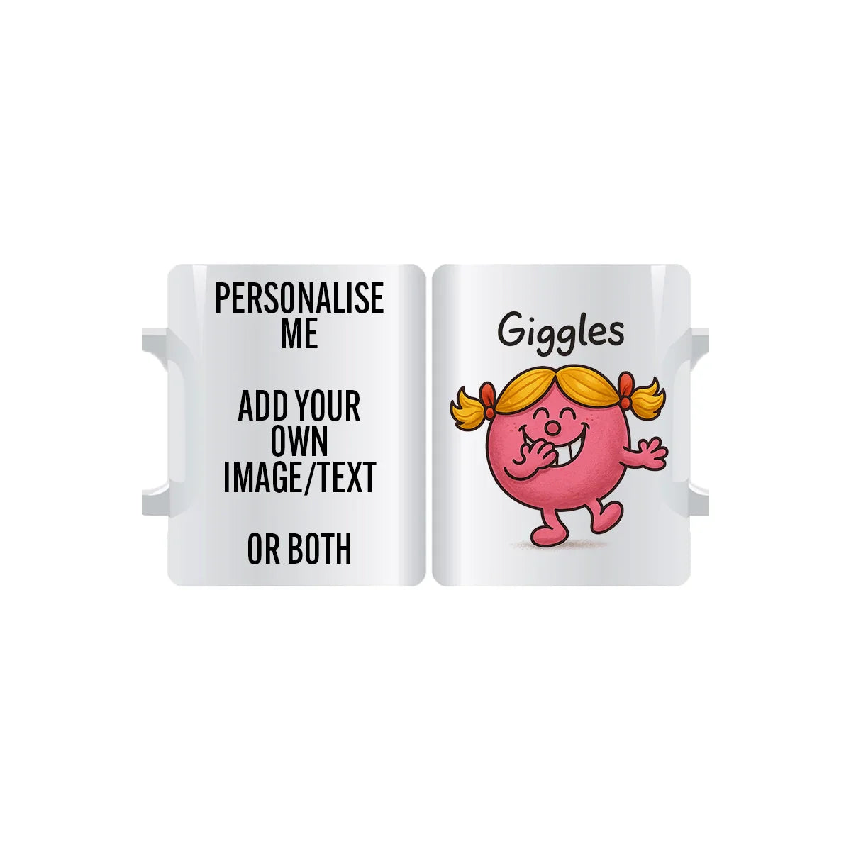 Cheeky Miss Giggles personalised mug featuring a pink character with yellow pigtails and a mischievous grin – customisable coffee cup gift