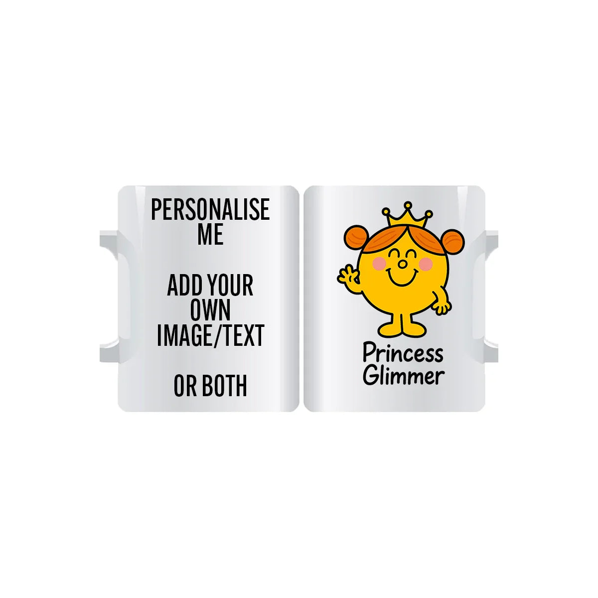 Cheerful Princess Glimmer personalised mug with crown design and smiling character – customisable name, message, or image royal coffee cup