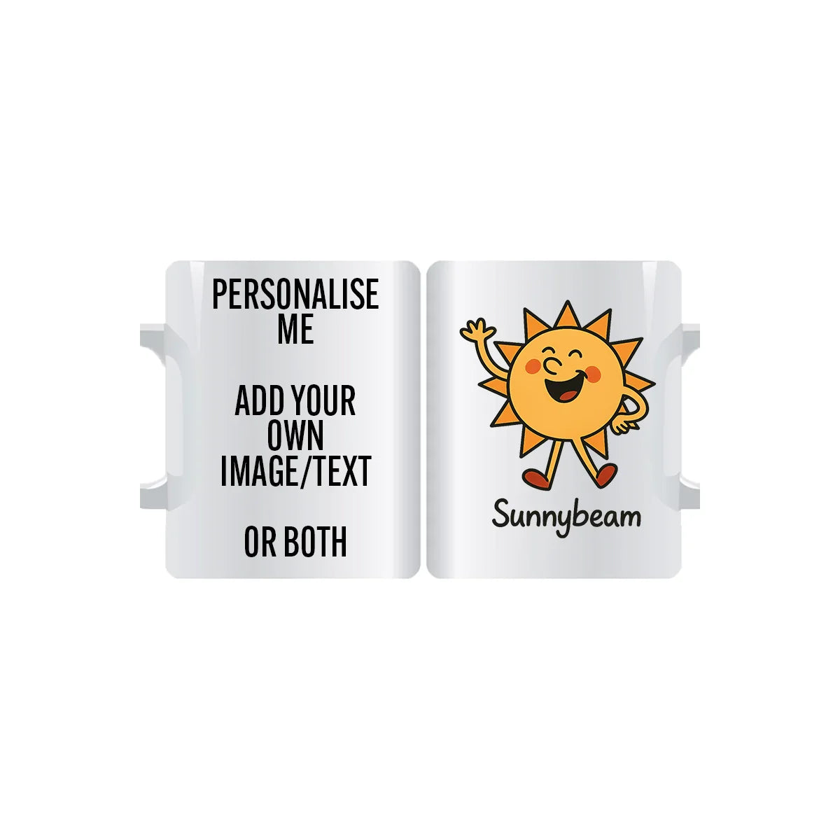 Cheerful Rays Sunnybeam personalised mug with smiling sunshine character, customisable with name or text, uplifting ceramic gift