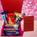 Luxury personalised chocolate hamper with Happy Valentine’s Day card, premium assorted chocolates in red gift box